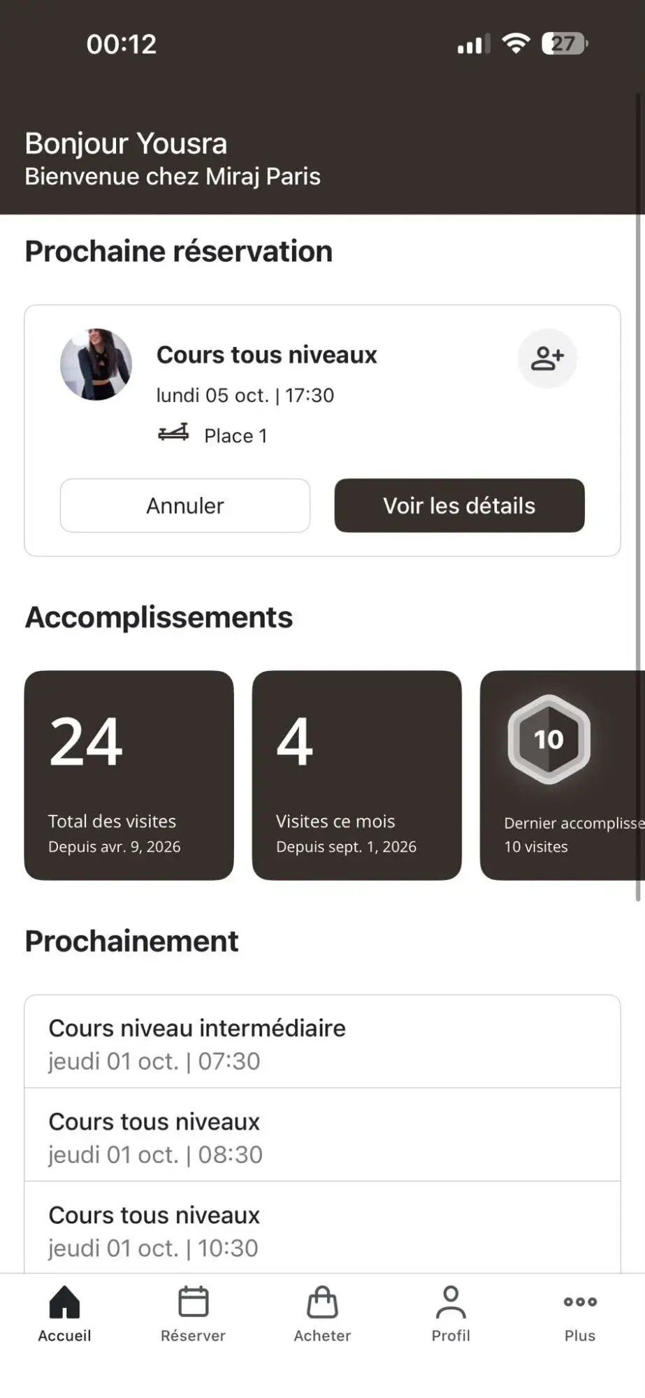 Écran d'accueil de l'application Miraj : prochaine réservation, accomplissements et prochains cours