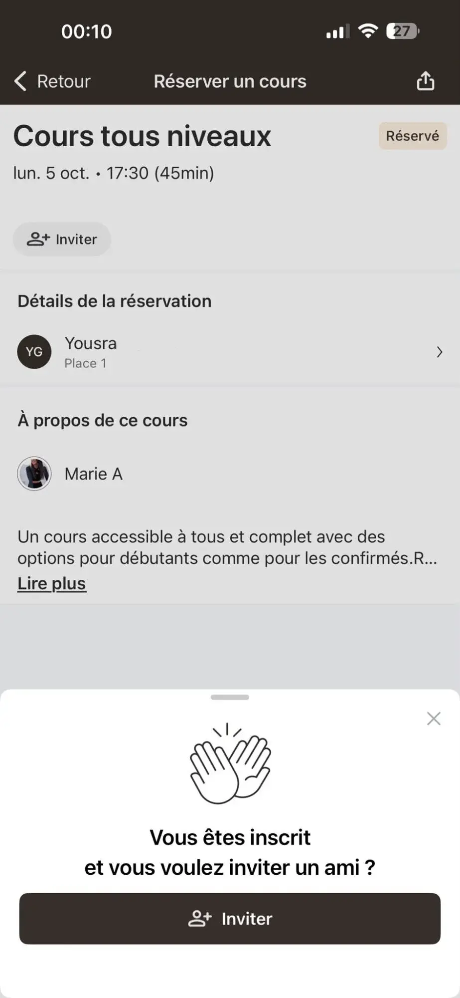 Écran de confirmation de réservation de l'application Miraj